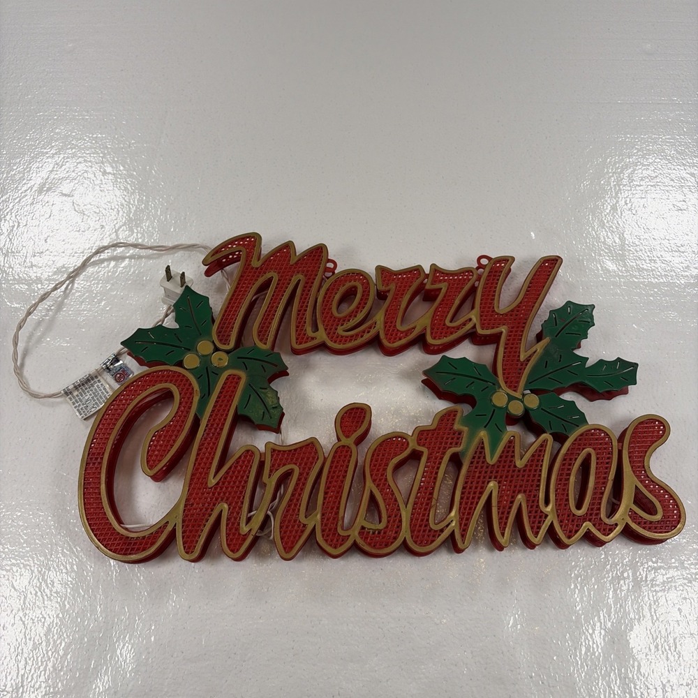 Vtg  MERRY CHRISTMAS Plastic Sign Lights Up Holly Red INDOOR/OUTDOOR Wall Decor
